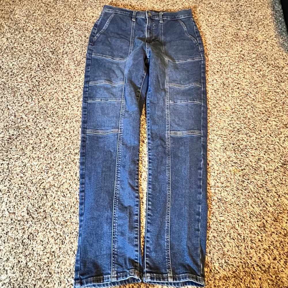 ana High Rise Straight Leg Jeans Womens 12 Dark Wash Seamed Utility Denim